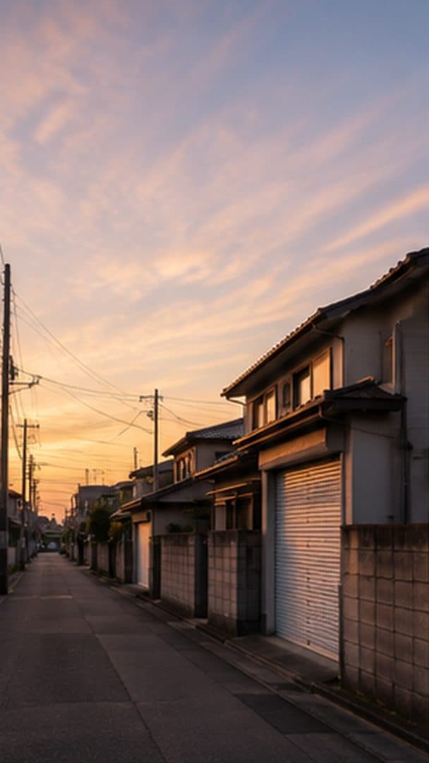 夕暮れの住宅街。シャッターの下りた車庫が並ぶ